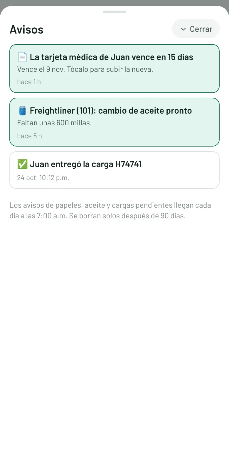 Avisos: tarjeta médica por vencer y cambio de aceite